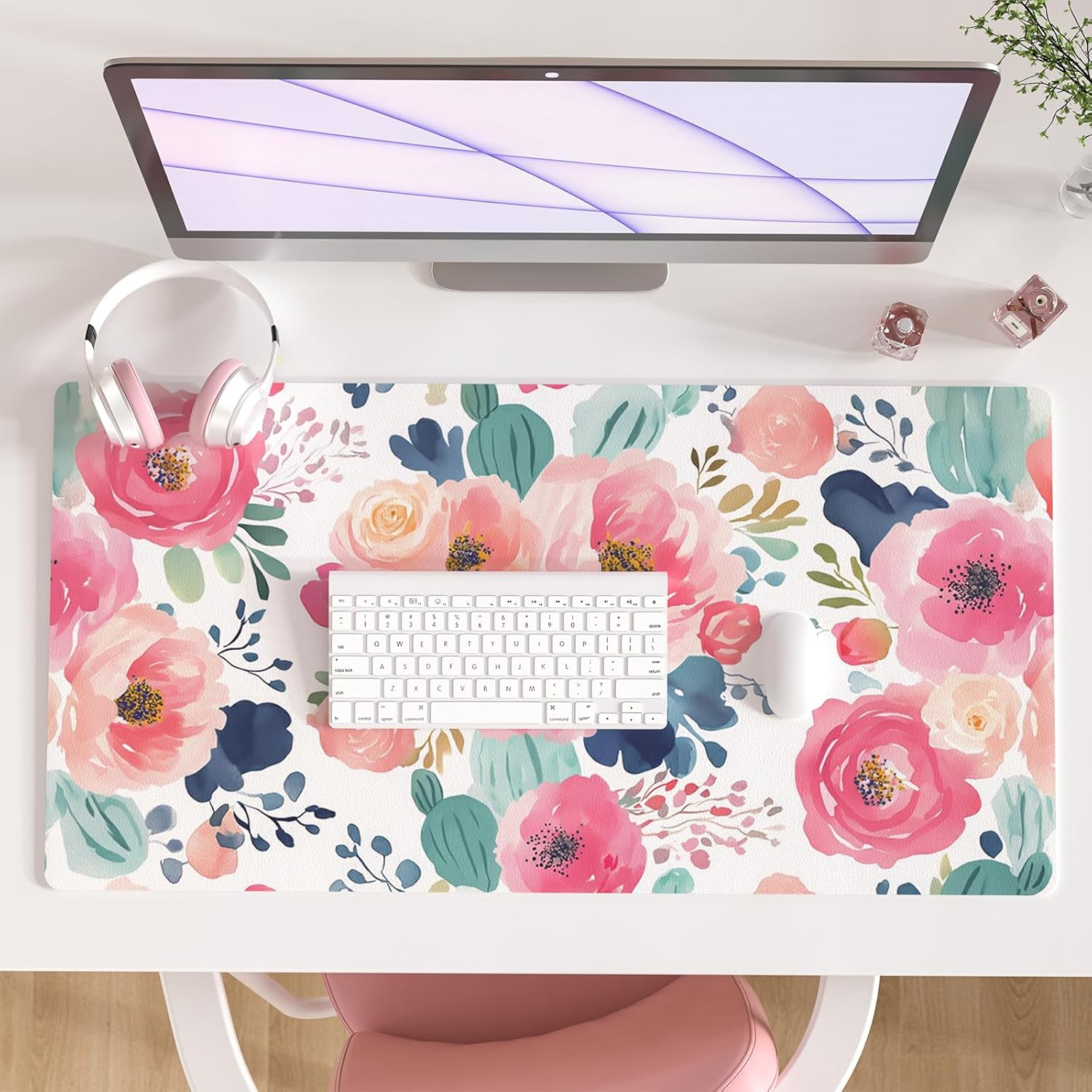 Leather Desk Pad - Large Mouse Pad Pink Floral Desk