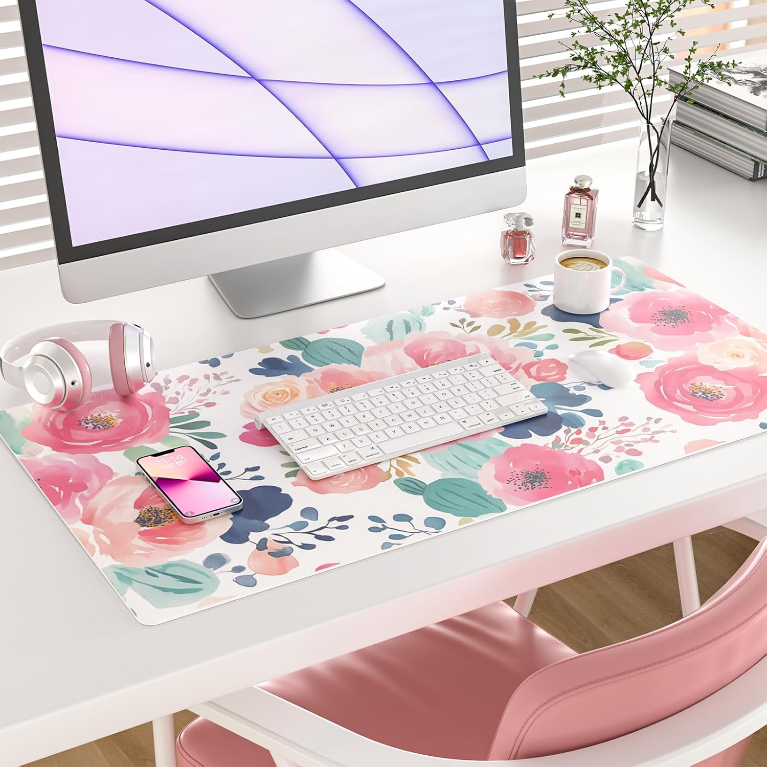 Large Mouse Pad Pink Floral De - Leather Desk Pad avis et prix